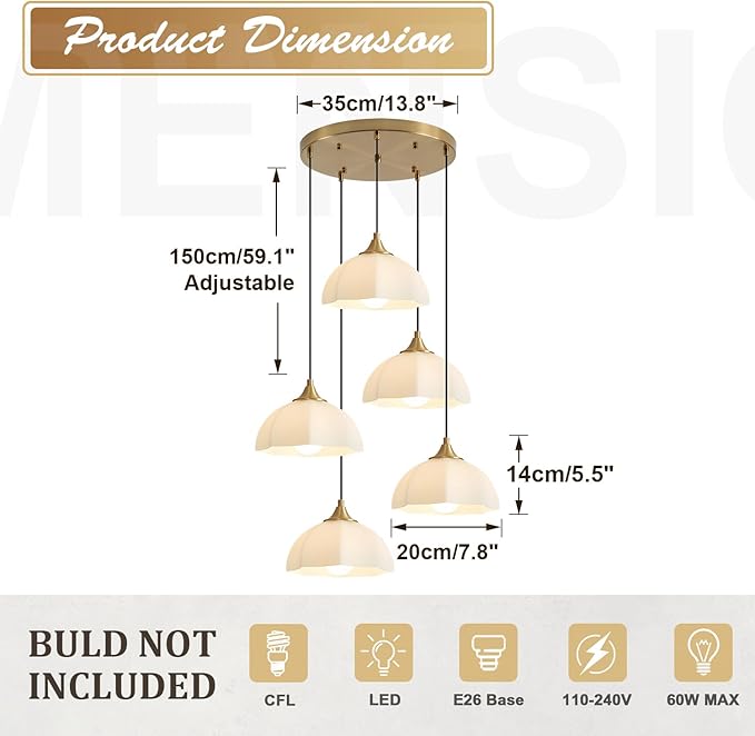 Modern 5 Light Brushed Gold Pendant Lighting Mid Century Milk Glass Cluster Pendant Lights Kitchen Island Adjustable Brass Hanging Chandelier Vintage White Ceramic Light Fixture MPL17-5R GD