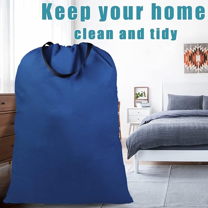 LOLOMLO Extra Large Canvas Laundry Bags with Handles & Drawstring Closure, Heavy Duty Tears Resistant Clothes Storage Travel Bags,25.5"x34",Navy Blue