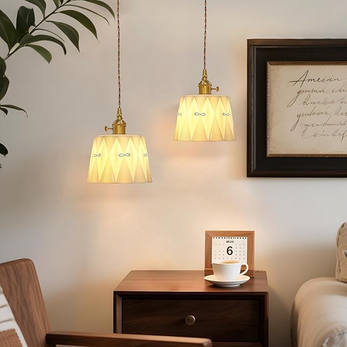 Vintage Ceramic Pendant Light, Mid Century Modern Hanging Lamp, White Ceramic Shade Brass Finish Ceiling Pendant Light for Bedside Dining Room Kitchen Island