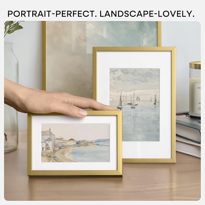 Homeforia A4 Gold Picture Frame, High End Metal 8.3 x 11.7 Frames for Wall or Tabletop, Gold A4 Certificate Frame with Mat A5, 8.3x11.7 Frames Matted to 5.8x8.3 Art, Tempered Glass, Wall Kit, Set of 2