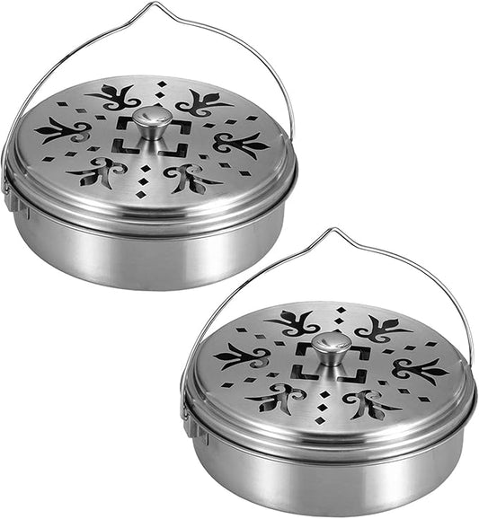 2 Portable Mosquito Coil Holder, Mosquito Incense Box Sandalwood Holder with Handle, Fireproof Incense Burner for Home Silver 2t