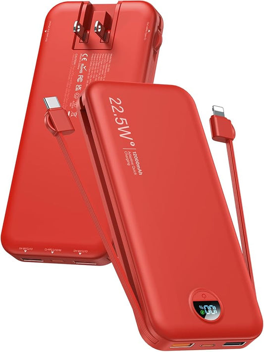 Portable Charger Power Bank, 12000mAh 22.5W USB C Fast Charging with Built-in Cables & Wall Plug, 5-in-1 Battery Pack with LED Display, Ultimate Travel Essential for iPhone, iPad, Samsung Red