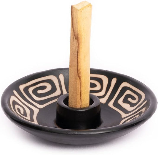 Luna Sundara Authentic Peru Pottery Palo Santo Stick Holder and Incense Holder with 5 Palo Santo Sticks Handmade Ceramic Smudge Bowl Sage Holder Black and White Maze Gift Set