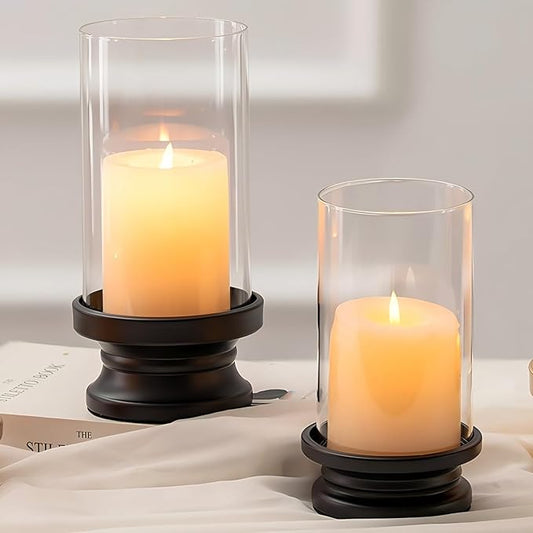 NUPTIO Hurricane Glass Candle Holder: Set of 2 Black Pillar Candle Holders with Glass Cylinder - Metal Pillars Candleholder for Halloween Thanksgiving Fireplace Living Room Decor