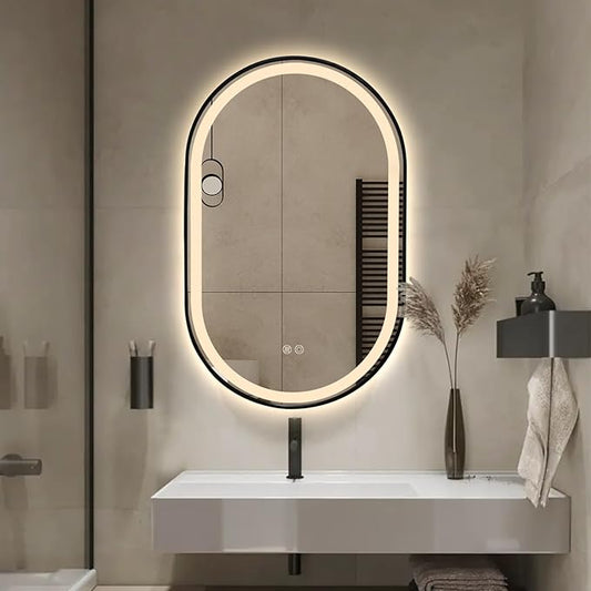 Niccy Oval LED Mirror for Bathroom, 36x24 Front Lit + Backlit Vanity Mirrors with Light Anti-Fog, Shatter-Proof, 3 Colors, Makeup Mirror with Black Frame (Horizontal/Vertical)