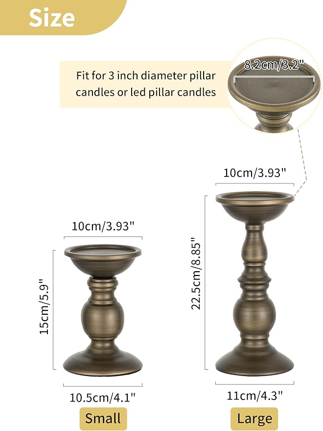 2 Pcs Bronze Iron Pillar Candle Holders, Most Ideal for 3" Pillar Candle, Gifts for Wedding, Party, Home, Spa, Reiki, Votive Candle (2 x S)