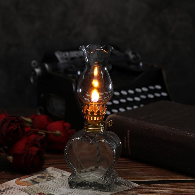Yexiya 6 Set Vintage Glass Kerosene Lamp Rustic Oil Lamp Lantern Chamber Oil Clear Kerosene Hurricane with 6.6 ft Extra Wick for Indoor Use Lighting Decor Emergency (Heart Style)