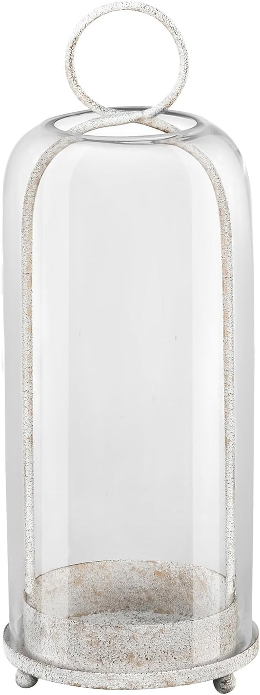 16" High Versatile Modern Metal Hurricane Lantern with Handmade Sturdy Glass Dome in Vintage White for Pillar Candle & Plants, Industrial, Farmhouse, Shabby Chic