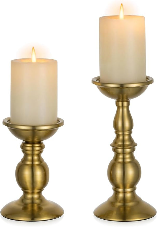 NUPTIO Gold Candle Holder for Table: Tall Brass Candleholder Decorative for Pillar Candles - Metal Vintage Stand for Christmas New Year Fireplace Table Centerpiece Set of 2 (S+L)