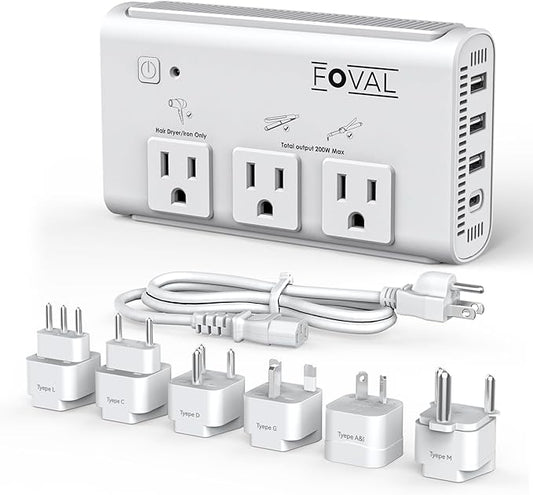 220V to 110V Travel Voltage Converter, FOVAL 2000W Power Converter for Hair Dryer, Straightener/Curling Iron with 4-Port USB (1 USB C), Step Down Transformer for US/EU/UK/AU/SA/Italy/India