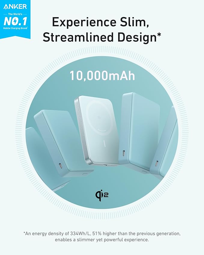Anker MagGo Power Bank, Ultra-Slim 10,000mAh Magnetic Battery Pack, Qi2 Certified 15W Ultra-Fast MagSafe Compatible Portable Charger, Ergonomic Design, for iPhone17/16/15/14 Series Only（Not for Pixel）