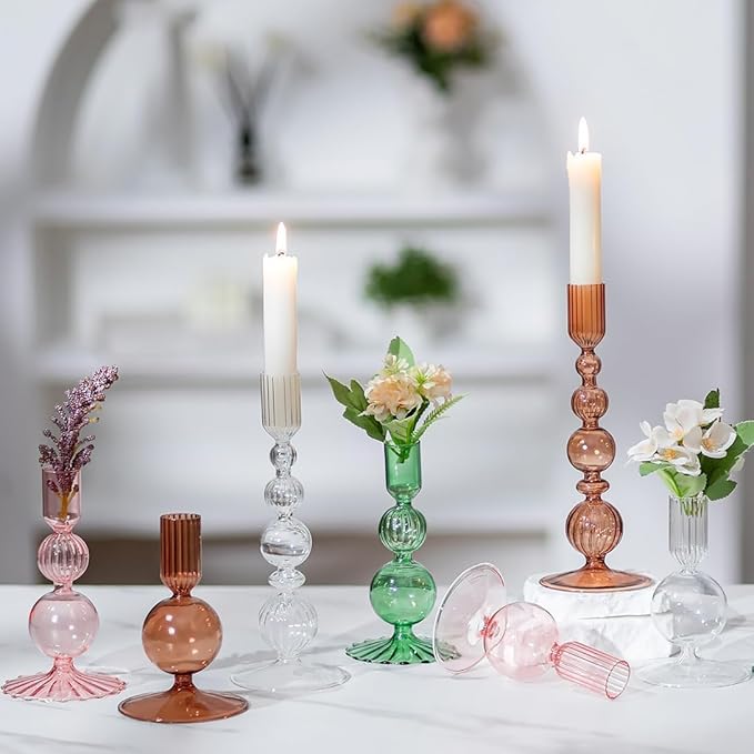 Hewory Glass Candlestick Holders Set: 3PCS Pink Candle Holder Taper Candle Holders Bulk, Crystal Ribbed Candle Sticks Holder Decor for Table Centerpiece Wedding Christmas Thanksgiving Dinner