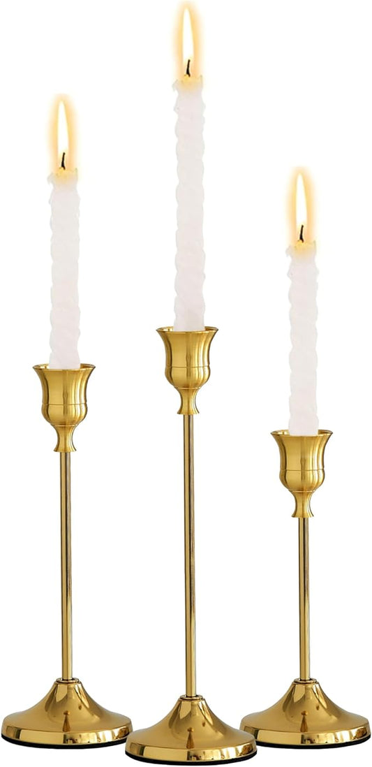 Taper Candle Holders, Tall Vintage Metal Candlestick Holders, 3 PCS Gold Candle Sticks Holders for Home Decor Table Centerpiece Wedding Housewarming Festival, Gold, 1 Set (3 pcs)