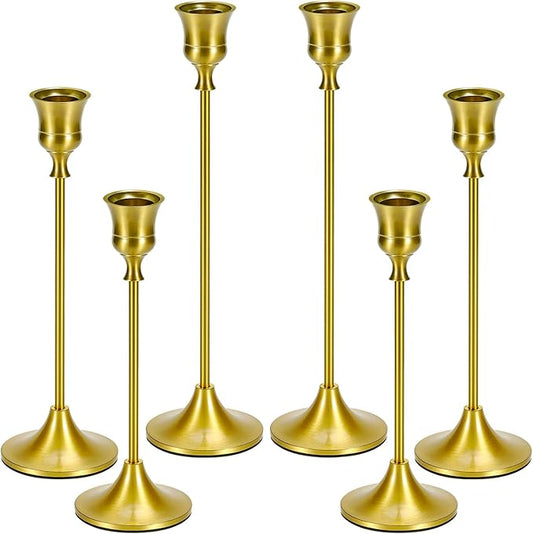 Candle Holder Gold Taper Candlestick Holders - Table Décor Brass Golden Pillar Candle Sticks Holder Set of 6, Antique Fireplace Decor Tapered Bulk Candelabra for Wedding, Christmas
