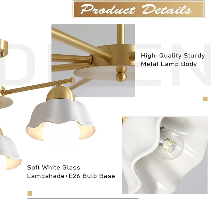 Mid Century Modern Brass Semi Flush Mount Ceiling Light 3 Lights Milk Opal Glass Ceiling Light Fixture Gold Sputnik Chandelier Light Fixture Vintage Hanging Ceiling Lights for Foyer MCL08-3 GD