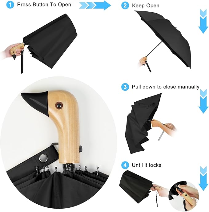 Duck Handle Umbrella Kids - Compact Portable Folding Lightweight Small Strong Wooden Duck Windproof Travel Umbrella for Kids Gifts