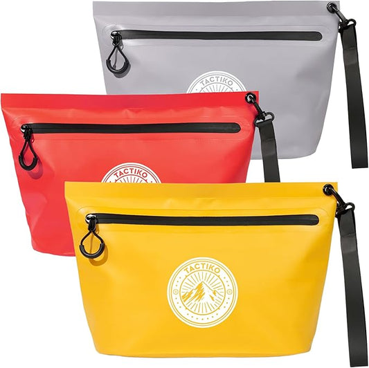 3-Pack Tactiko 3L Water Resistant Pouches - Waterproof Material w/Splashproof Zipper - Hold All Zipper Bags for Storage, Toiletries,Travel, Beach, Cruise, Home (3, Yellow/Red/Gray)