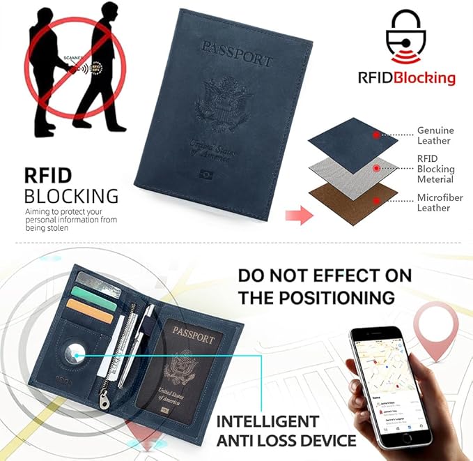 CONTACTS Full Grain Leather Airtag Passport Holder RFID Blocking Travel Passport Wallet Slim Passport Cover Case with 4 Card Slots, Coin Pocket (US Passport Stamp, Blue)