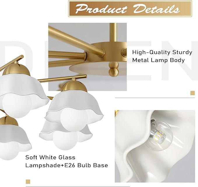 8 Lights Gold Sputnik Chandelier Light Fixture Large Mid Century Modern Milk Glass Sputnik Ceiling Lighting Fixtures Nordic Semi Flush Mount Ceiling Light Fixture for Living Room MCL08-8 GD