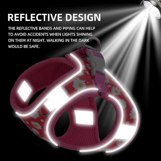 Flymind Step-in Dog Harness and Leash Set, Purple, Small/Medium, Floral Pattern, 360-Degree Reflective Design for Low Light Safety