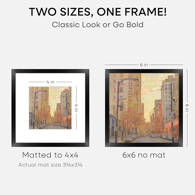 Homeforia 6x6 Black Picture Frame, High End Metal 6 x 6 Square Photo Frames with Mat 4 by 4, 6x6 Poster Frame Matted to 4x4 inch Print, 6by6 Wall or Tabletop Frames, Tempered Glass, Wall Kit, Set of 1