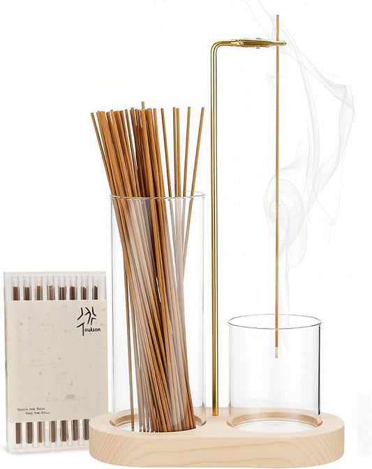 2-in-1 Incense Stick Holder with Glass Ash Catcher, Dual Glass Cups & Metal Clip, Minimalist 8-Shaped Wooden Base, Home Decor Gift (Dark Base)