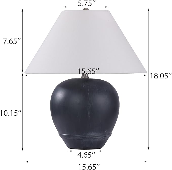 Pia Ricco 21'' Medium Size Black Glossy Ceramic Base Ceramic Basin Table Lamp for Bedroom, Living Room, Dining Room, Office, White Shade,Black Base