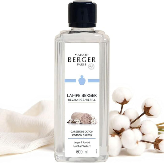 MAISON BERGER Cotton Caress Lampe Berger Refill, 500 ml (16.9 fl oz), Odor-Neutralizing Home Fragrance Oil Lamps, Rose, Fresh Notes, Aldehydes, Orange Blossom, Made in France