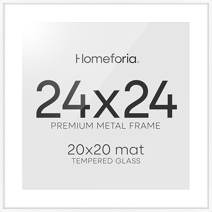 Homeforia 24x24 Picture Frame White, High End Metal 24 x 24 Large Square Poster Frame Matted to 20 x 20 in Photo, 24by24 Thin White Frames with Mat 20x20 inch Print, Tempered Glass, Wall Kit, Set of 1