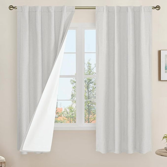 LAMIT Light Grey 100% Blackout Linen Curtains, 63 Inches Linen Textured Thermal Bedroom Curtains Back Tab and Rod Pocket Neutral Panels with White Liner for Farmhouse, 2 Panels, 38 x 63 Inch