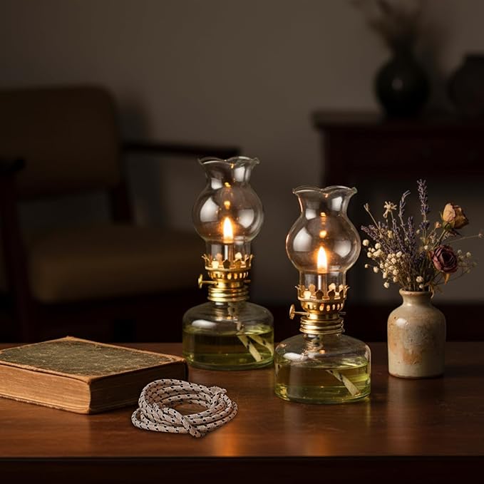 Yexiya Vintage Glass Kerosene Lamp Rustic Oil Lamp Lantern Chamber Oil Clear Kerosene Hurricane with 6.6 ft Extra Wick for Indoor Use Lighting Decor Emergency (6 Set,Modern Style)