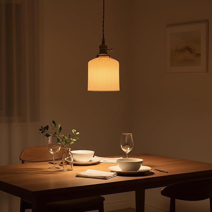 Modern Farmhouse Mini Pendant Light with White Ceramic Cylindrical Shade, Brass E26 Socket with On/Off Switch, Hardwired Hanging Lamp for Vanity, Kitchen Sink Lighting Bar Counter
