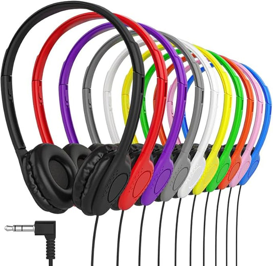 Maeline Kids Headphones for School Classroom K-12, Library, Museum, Travel, On Ear Stereo Headset with Adjustable Band & Faux Leather Cushions - 3.5mm Plug - 400 Pack - Multicolors