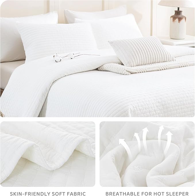 Sanracie Stonewashed Oversized King Quilt(120"x120"), Cotton Milk White California King Quilt Coverlet Sets 3Pcs Ultra Soft Crinkle Cross Stitch Bedspreads Sets for All Season