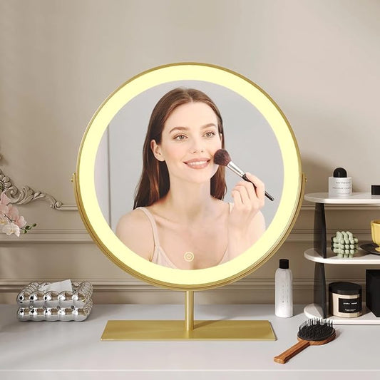Vanity Mirror Makeup Mirror with Stand,15.8" Round Vanity Mirror, LED Lights, Smart Touch 360°Rotation, Dimmable White (Golden)