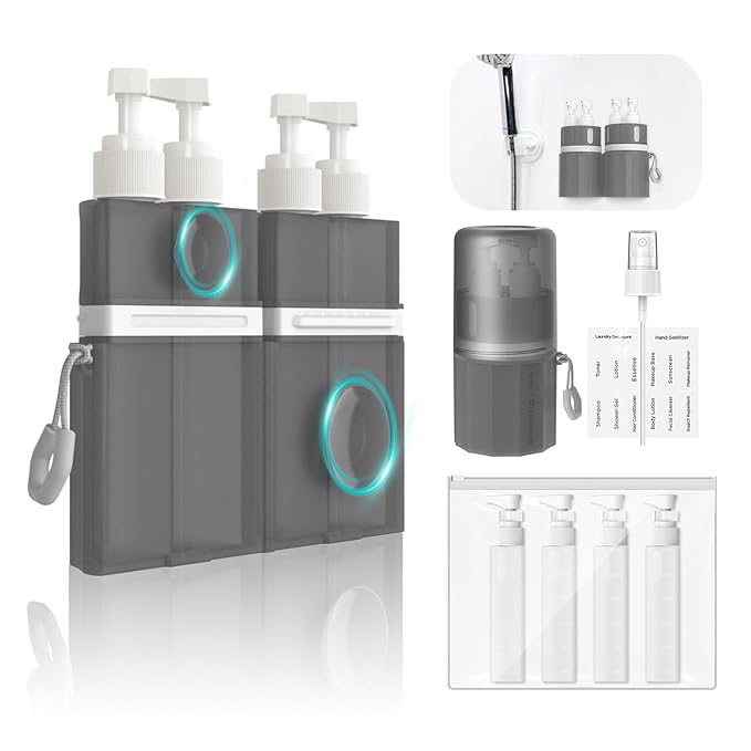 YOTIME 4in1 Travel Bottles with Suction Cup, TSA Approved Leak Proof Travel Size Containers for Toiletries, Refillable Travel Accessories for Shampoo, Body Wash and Conditioner, Gray
