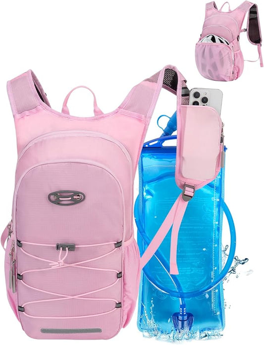 Hydration Backpack with 2L Water Bladder, Hiking Water Backpack for Men Women with Phone Pocket and Helmet Holder