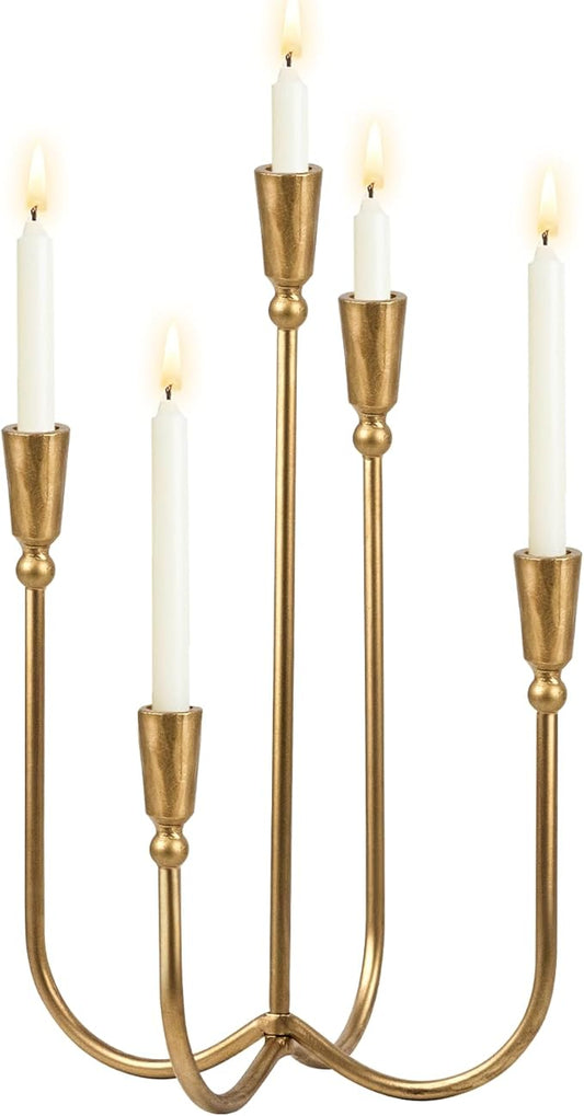 5 Arm Candelabra Cast Iron, 17.5 Inch Tall Candle Holder Antique Brass Candlestick Holder Stand for Taper Candles, Elegant Centerpiece Decor for Farmhouse, Wedding, Mantel & Dining Room