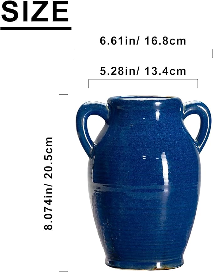 Sunddo Blue Ceramic Vase for Pampas Grass, 8 Inch Modern Decorative Vase with 2 Handles, Blue Centerpiece for Living Room Dining Entryway Living Table Farmhouse Office Decor
