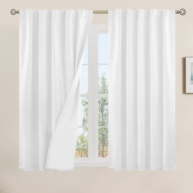 LAMIT 100% Blackout Linen Curtains, 45 Inches Linen Textured Thermal Bedroom Curtains Back Tab and Rod Pocket Neutral Panels with White Liner for Farmhouse, 2 Panels, 42 x 45 Inch, White