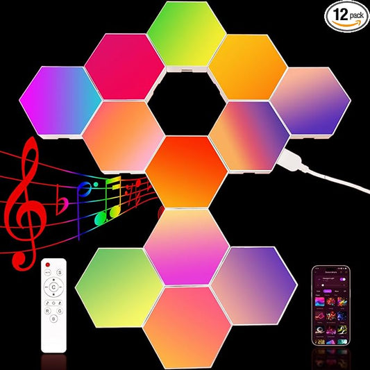 12Pack Hexagon Lights for Wall LED, That Sync with Music, APP & Remote Controls Hex Lights, RGB LED Wall Panels for TV, Bedroom, Living Room, Game Room Decor