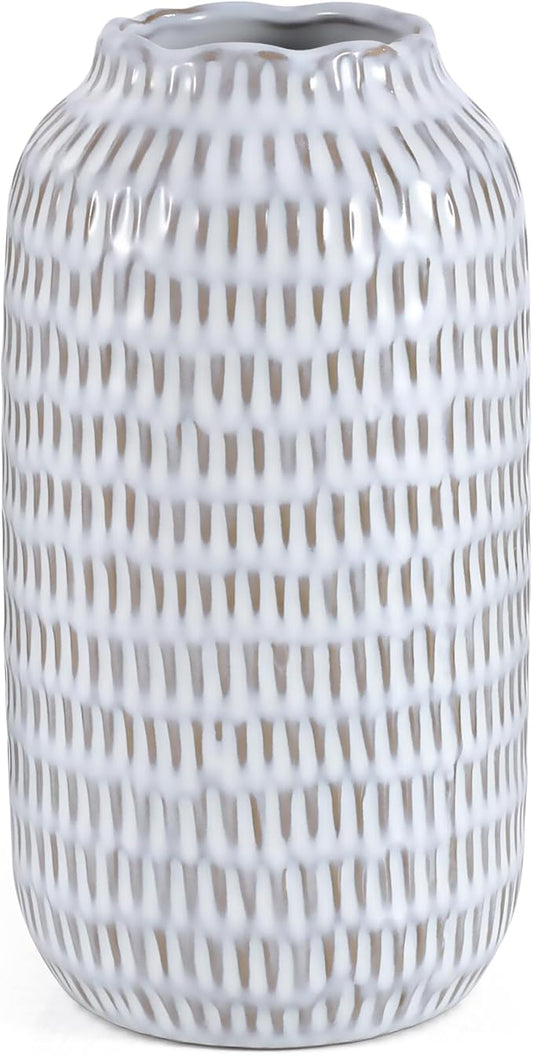 Ceramic Vase for Flowers – Modern Small Ribbed Textured Flower Vase for Home Decor, Pampas Grass, Decorative, Farmhouse, Coffee Table, Kitchen Centerpieces, Bookshelf and Home Living (Glaze White)