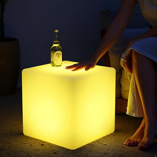16-inch LED Cube Light, Rechargeable Cube Light Table w/Remote, 16 Colors Dimmable Glow Lamp Chair, Waterproof Glowing LED Furniture Side Seat Mood Lighting for Home Party Patio Decor