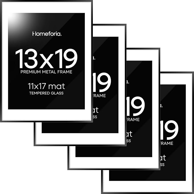 Homeforia 13x19 Picture Frame Black, High End Metal 13 x 19 Poster Frames with Mat 11 x 17 for Photo, 13x19 Black Frame Matted to 11x17 inch Print, 19x13 Thin Frame, Tempered Glass, Wall Kit, Set of 4