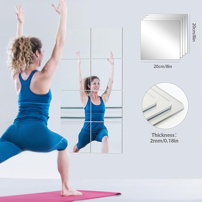Abyssaly 4 Pack Wall Mirror Full Length, 11.8" x 11.8" Flexible Acrylic Mirror Tiles, Small Plastic Frameless Non-Glass Stick on Espejos Stickers for Bedroom Home Gym Door