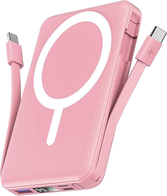 podoru for Magsafe Battery Pack, 10000mAh Magnetic Power Bank Built-in Double USB C Cables 22.5W PD Fast Charging LED Display Wireless Portable Charger for iPhone 17/16/15/14/13/12 Series-Pink