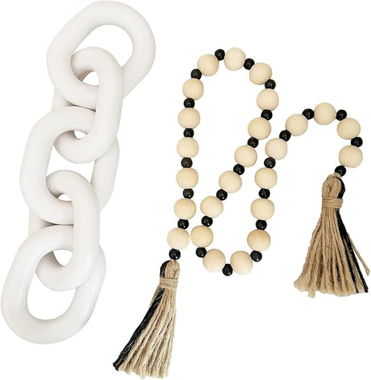 2 Pieces Decorative 5 Link Wooden Chain Decor and Bead Boho Farmhouse Rustic Home Table Decor Coffee Table Shelf Aesthetic Modern Bookshelf Table Wooden Decortion (White)