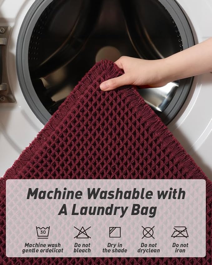 Upgraded Christmas Waffle Runner Rug Super Absorbent Non Slip Bath Mats for Bathroom Washable Bathroom Runner Rug with Tassels, Ideal for Hallway Bedroom Laundry Room, 2'x 6'(24" x 72"), Burgundy