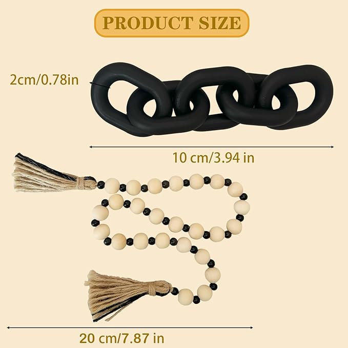 2 Pieces Decorative 5 Link Wooden Chain Decor and Bead Boho Farmhouse Rustic Home Table Decor Coffee Table Shelf Aesthetic Modern Bookshelf Table Wooden Decortion (Black)