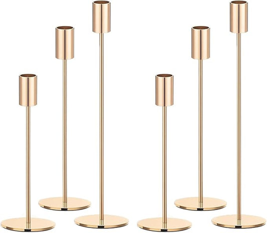 Set of 6 Gold Taper Candle Holders, Metal Gold Candlestick Holders, Tall Candle Holder, Fits 3/4 inch Thick Candle&Led Candles, for Table Centerpiece, Wedding, Dinning, Party Home Decor
